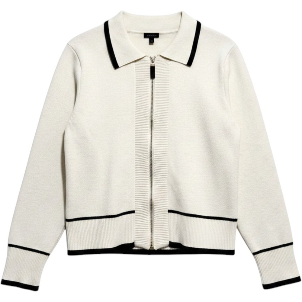 Talbots Ivory Zip Front Sweater‎ Jacket Women L Gold Zipper Collared Heavy Knit